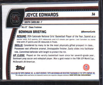 2024-25 Bowman Chrome Blue Reptilian Refractor #36 Joyce Edwards #/150