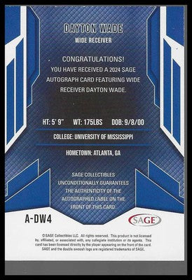 2024 SAGE HIT Autographs Red (High Series) #A-DW4 Dayton Wade