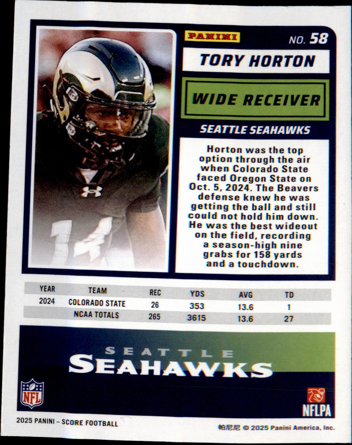 2025 Score #58 Tory Horton Rookie Rookie - Veteran Sports Cards FL
