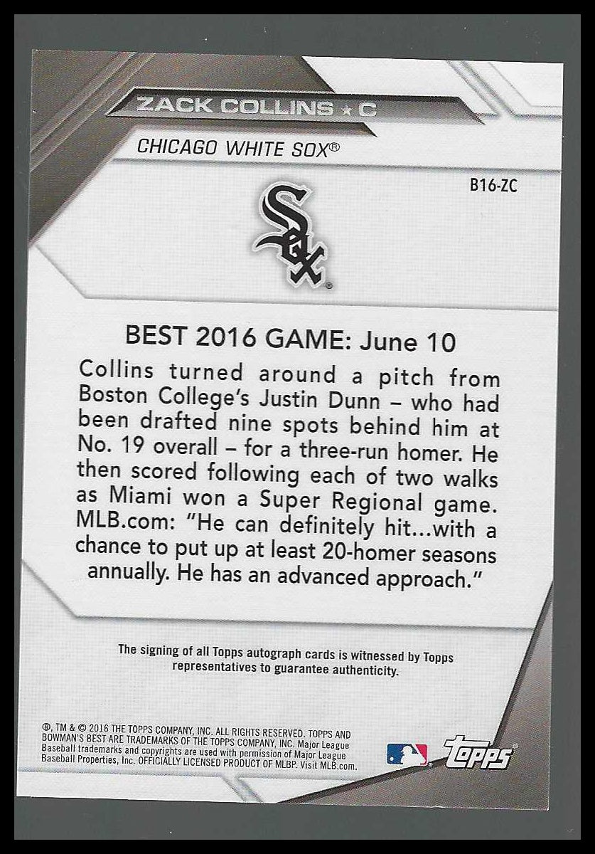 2016 Bowman's Best Best of 2016 Autographs #B16-ZC Zack Collins - Veteran Sports Cards FL