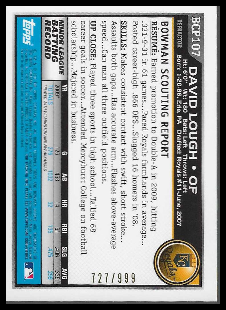 2010 Bowman Chrome Prospects Purple Refractors #BCP107 David Lough #727/999 - Veteran Sports Cards FL