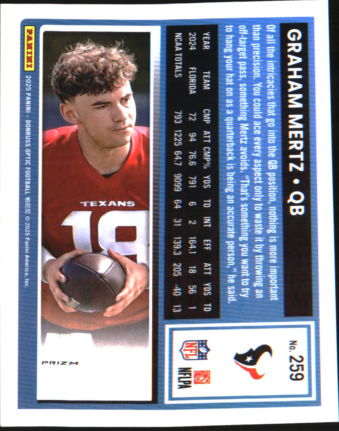 2025 Donruss Optic Blue Hyper #259 Graham Mertz Rookie RC - Veteran Sports Cards FL