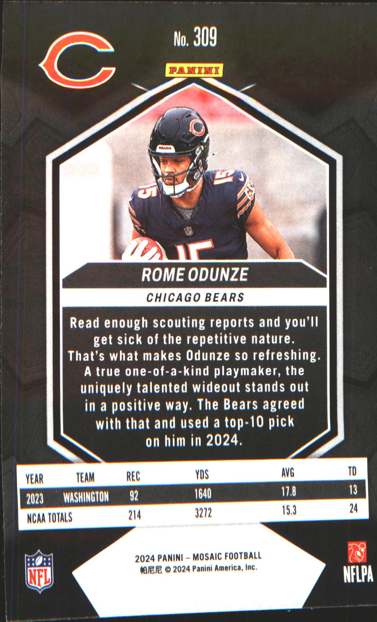 2024 Panini Mosaic #309 Rome Odunze Rookie RC - Veteran Sports Cards FL
