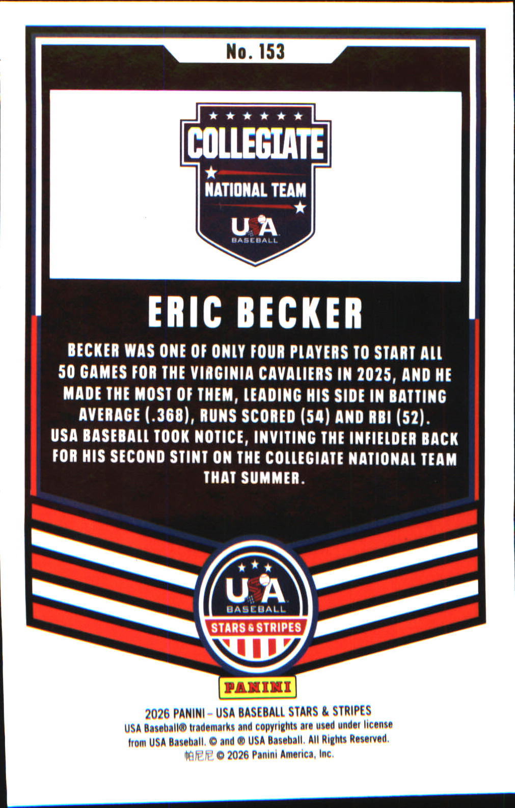 2026 Panini Stars & Stripes Prizm USA baseball #153 Eric Becker - Veteran Sports Cards FL