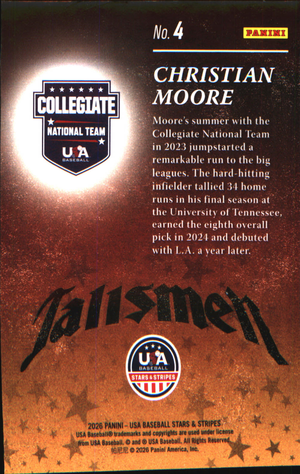 2026 Panini Stars & Stripes Prizm USA baseball Talisman #4 Christian Moore - Veteran Sports Cards FL