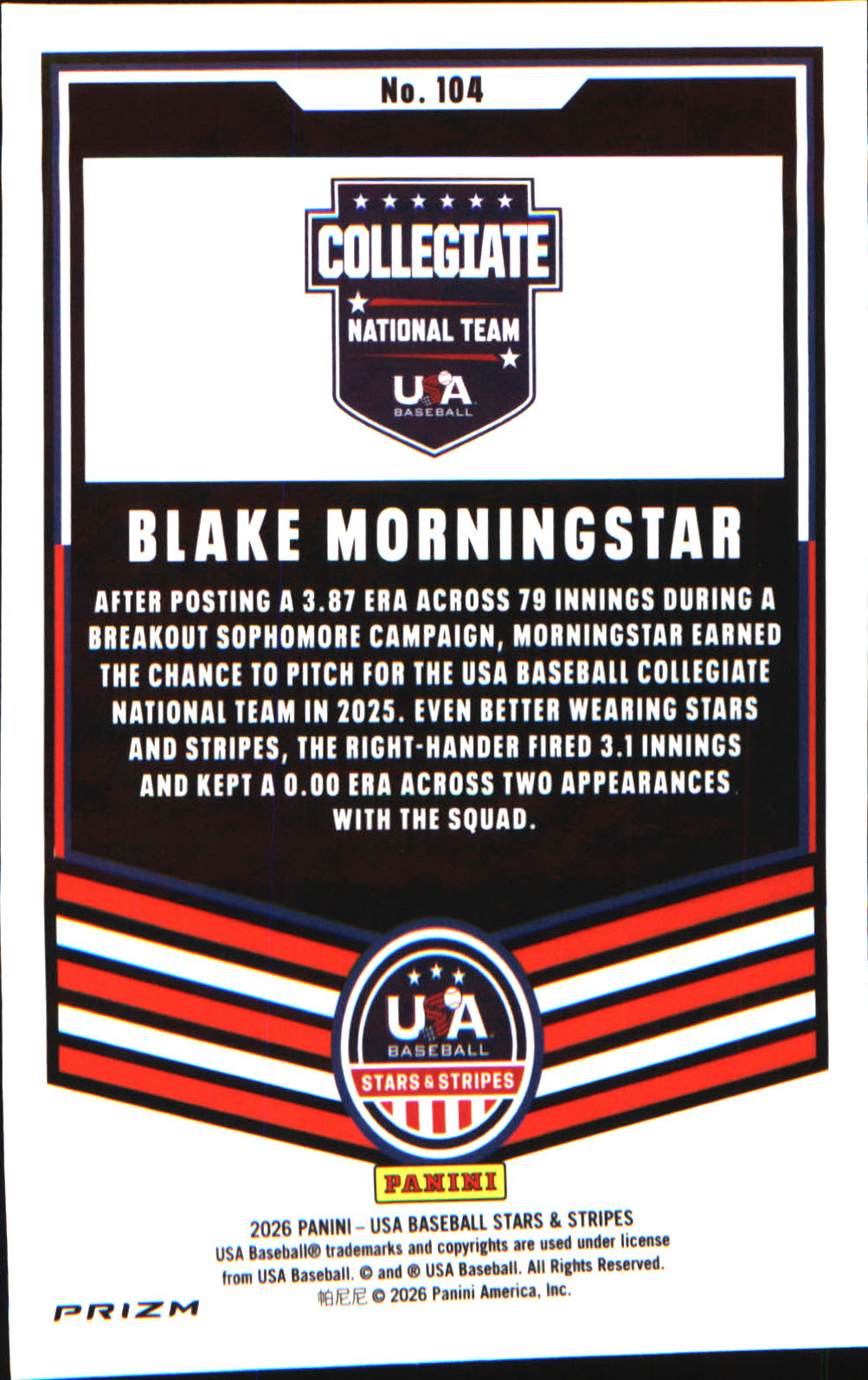 2026 Panini Stars & Stripes Prizm USA baseball Silver #104 Blake Morningstar - Veteran Sports Cards FL