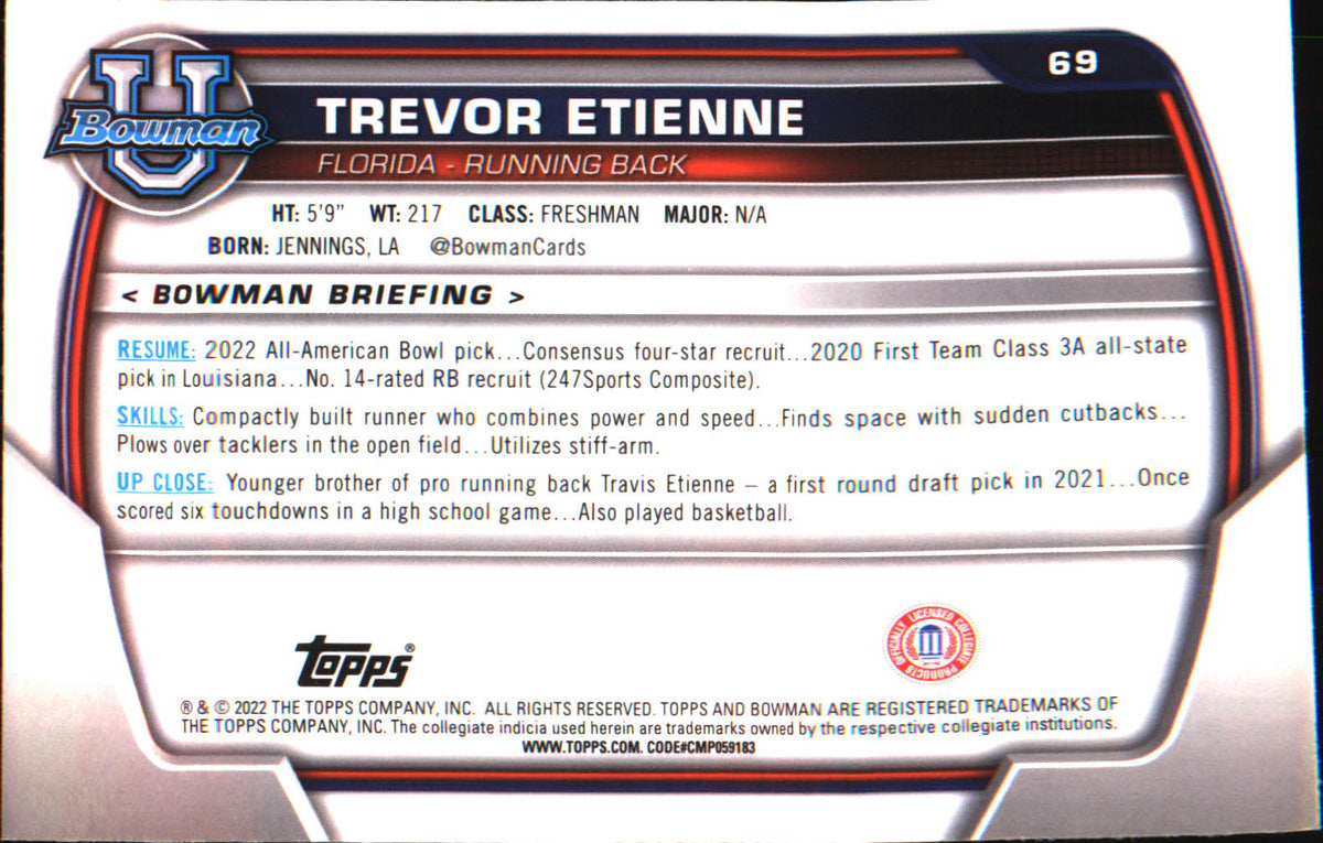 2022 Bowman University Chrome #69 Trevor Etienne - Veteran Sports Cards FL