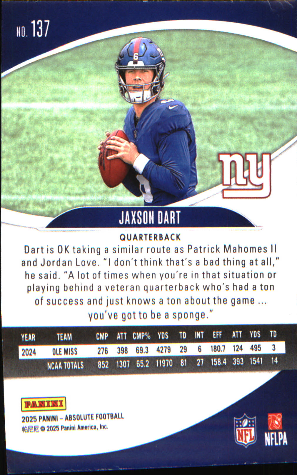 2025 Panini Absolute Retail #137 Jaxson Dart Rookie Rookie - Veteran Sports Cards FL