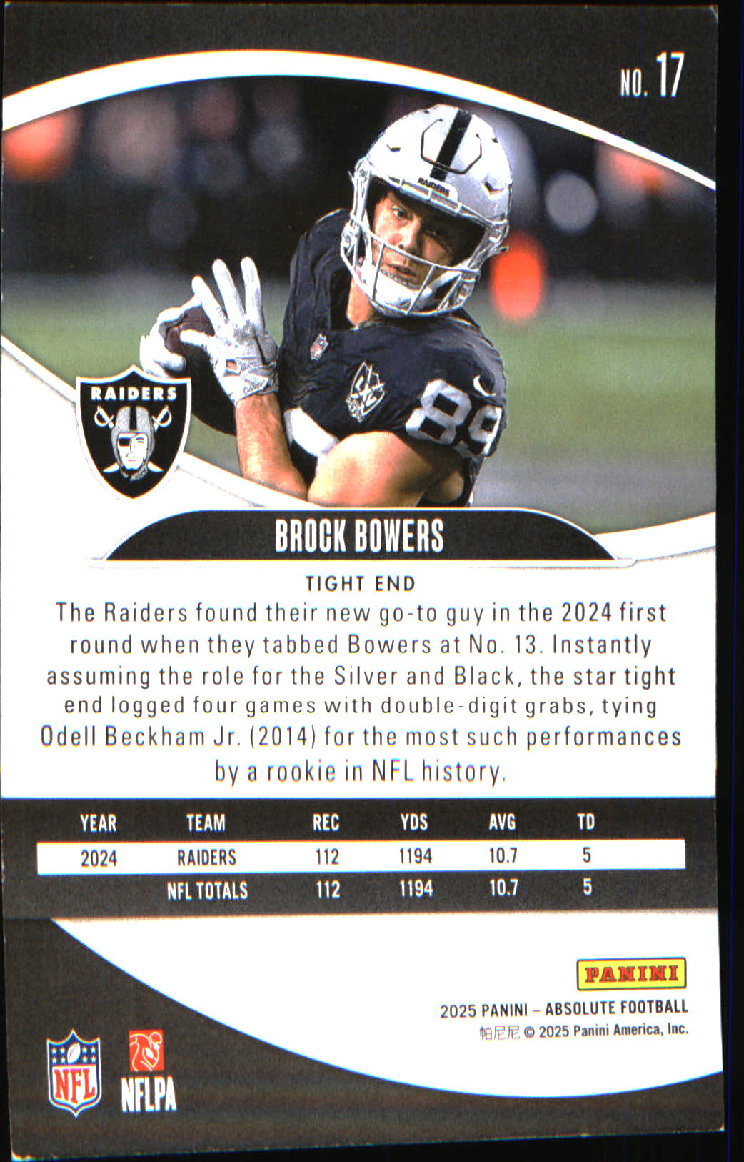 2025 Panini Absolute #17 Brock Bowers - Veteran Sports Cards FL