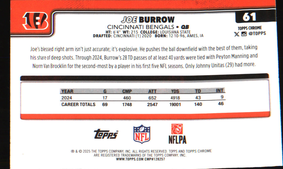 2025 Topps Chrome Pulsar Refractor #61 Joe Burrow - Veteran Sports Cards FL