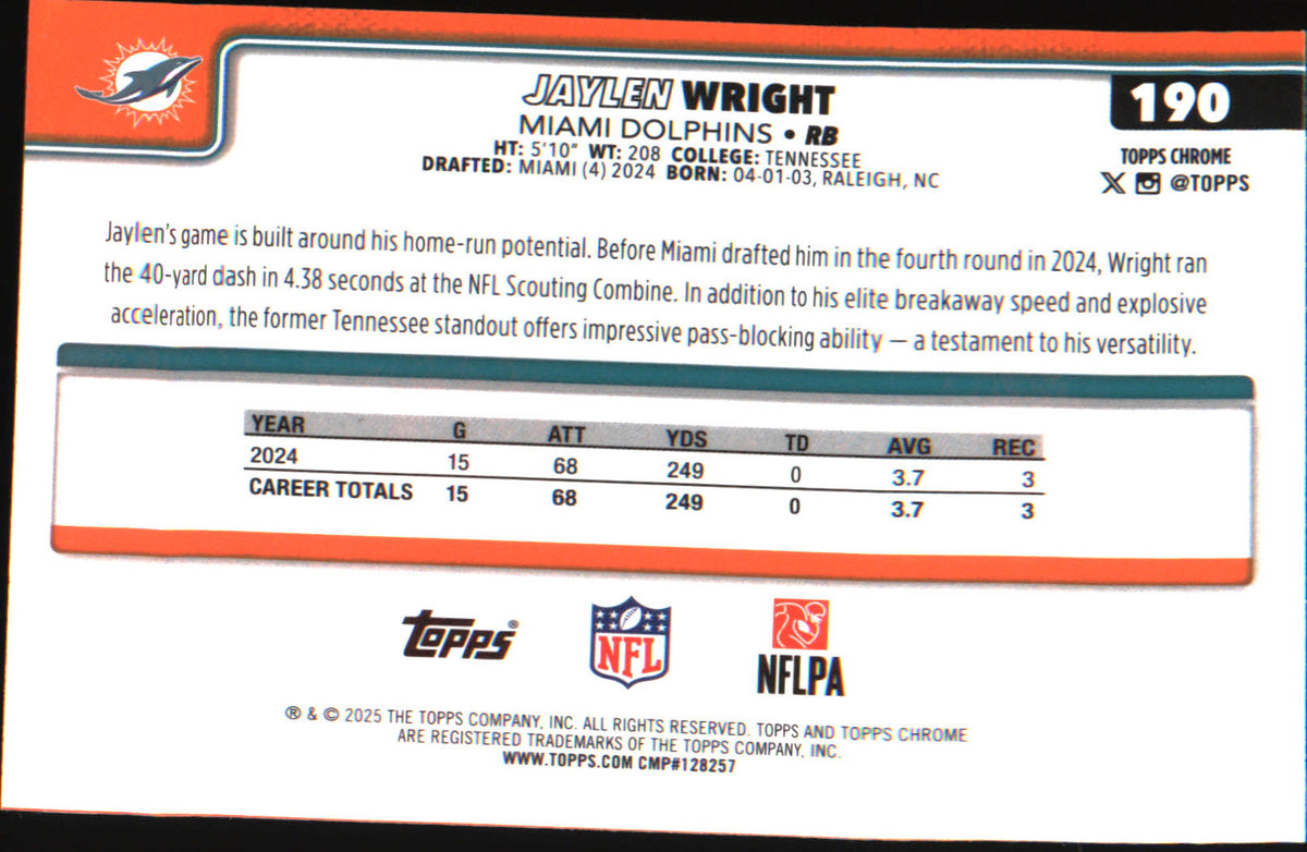 2025 Topps Chrome Pulsar Refractor #190 Jaylen Wright - Veteran Sports Cards FL