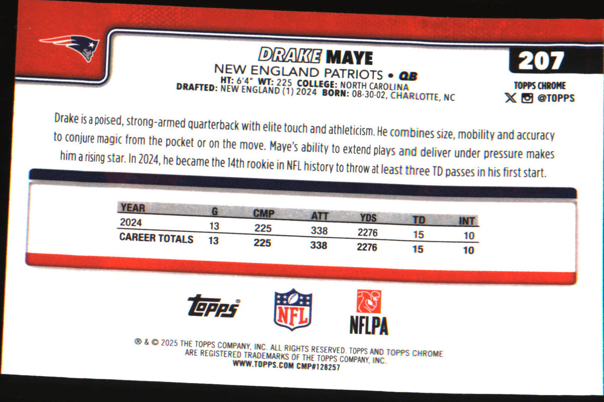 2025 Topps Chrome #207 Drake Maye - Veteran Sports Cards FL