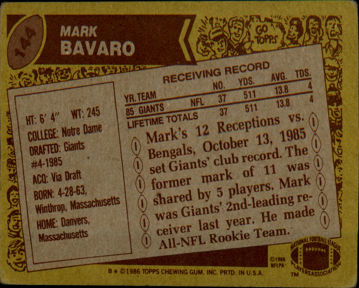 1986 Topps #144 Mark Bavaro Rookie Rookie - Veteran Sports Cards FL