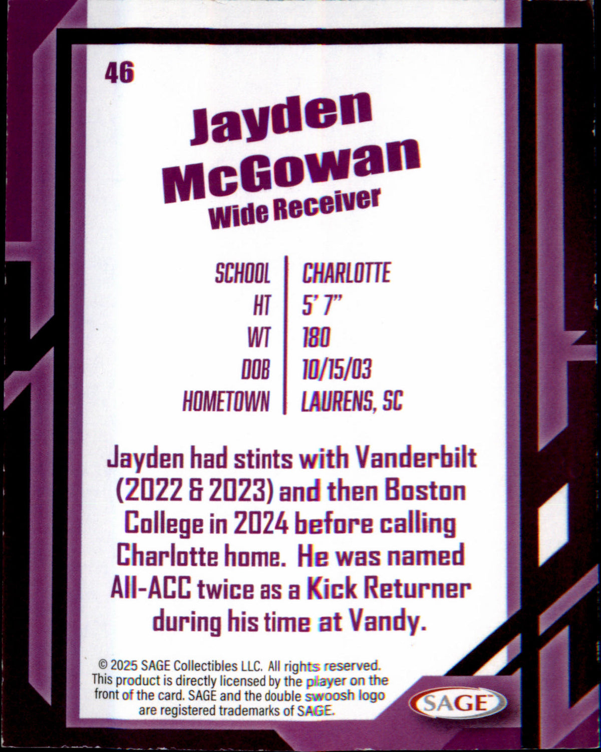 2026 SAGE Blue #46 Jayden McGowan - Veteran Sports Cards FL