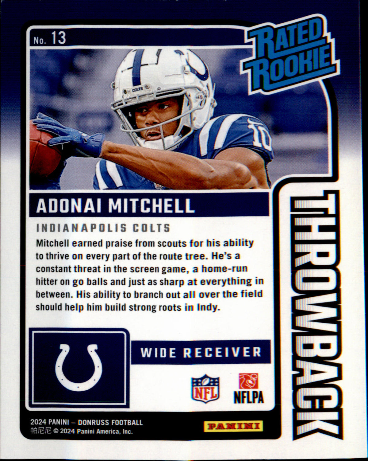 2024 Donruss Rated Rookies Throwback #13 Adonai Mitchell - Veteran Sports Cards FL