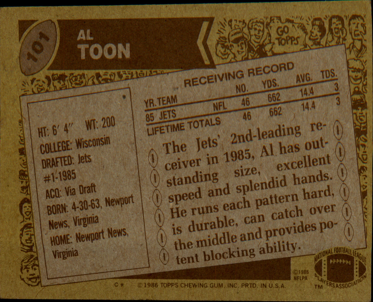 1986 Topps #101b Al Toon Rookie Rookie - Veteran Sports Cards FL