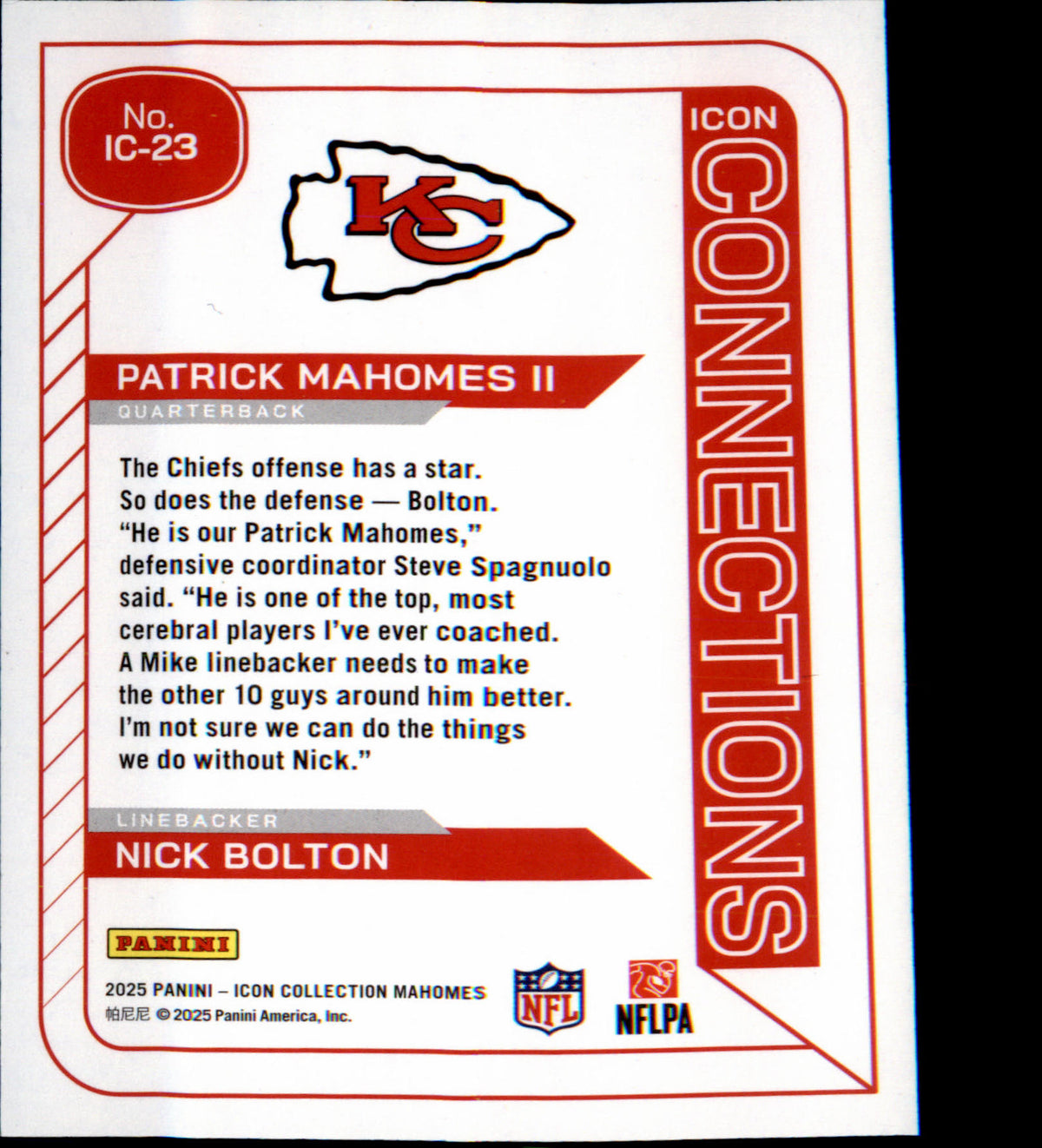 2025 Panini Authentically Mahomes Icon Connections IC-23 Nick Bolton - Veteran Sports Cards FL