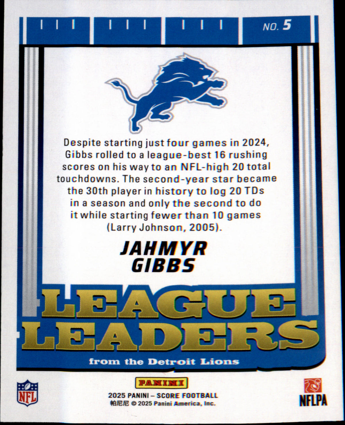 2025 Score League Leaders #5 Jahmyr Gibbs - Veteran Sports Cards FL