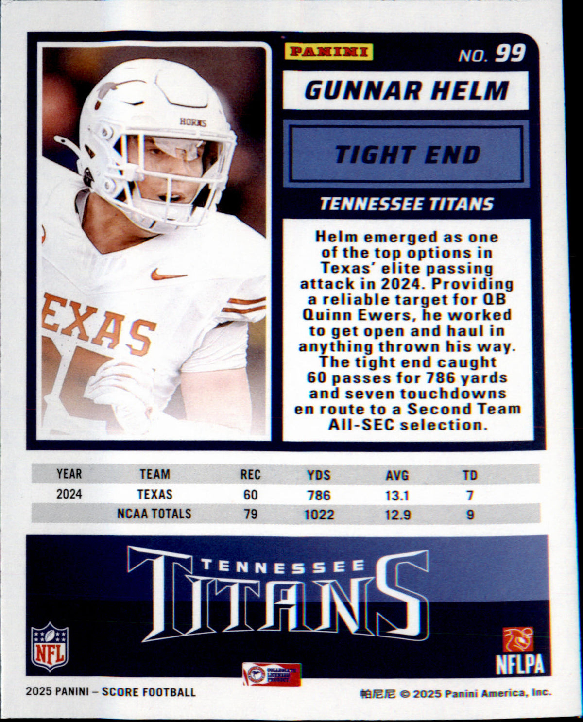 2025 Score #99 Gunnar Helm Rookie Rookie - Veteran Sports Cards FL