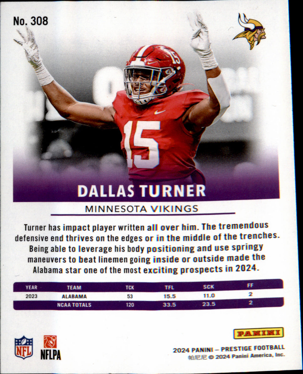 2024 Panini Prestige Sunburst Xtra Points #308 Dallas Turner Rookie Rookie