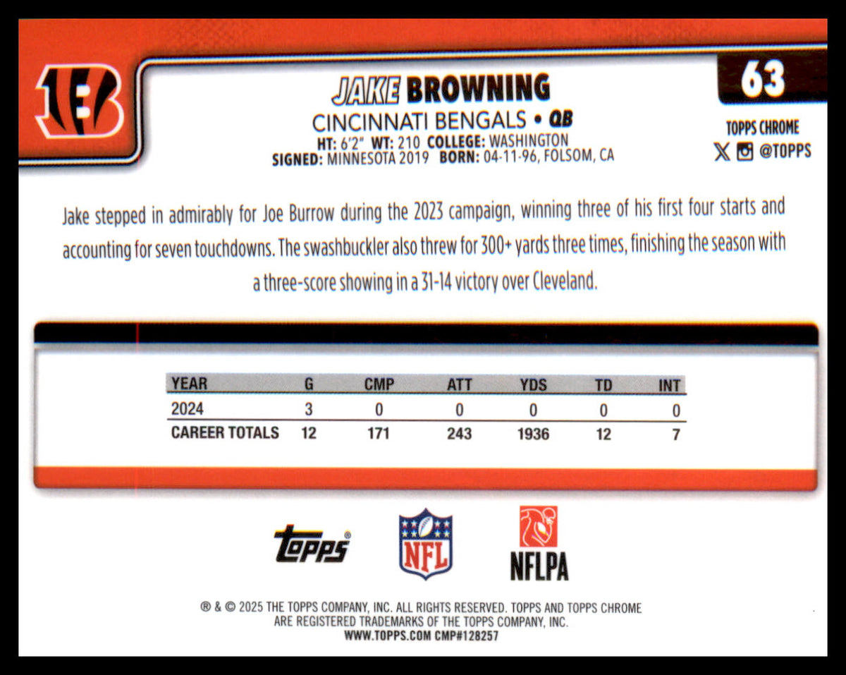 2025 Topps Chrome #63 Jake Browning - Veteran Sports Cards FL