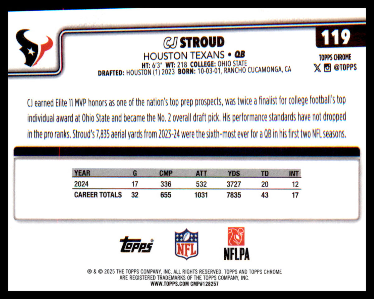 2025 Topps Chrome #119 CJ Stroud - Veteran Sports Cards FL