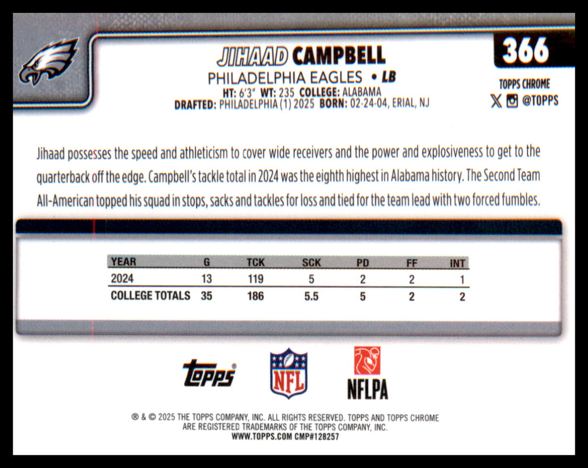 2025 Topps Chrome #366 Jihaad Campbell Rookie Rookie - Veteran Sports Cards FL