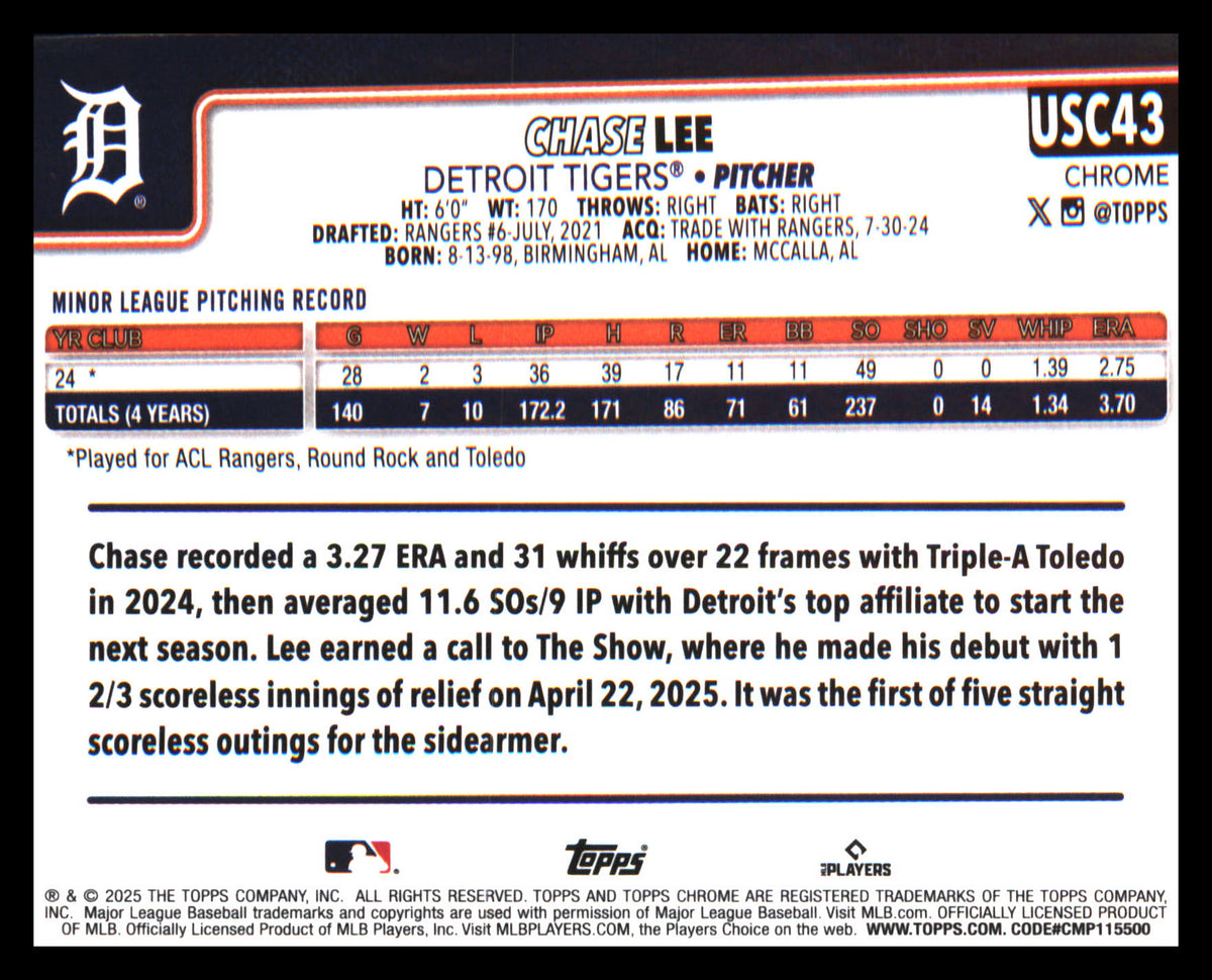 2025 Topps Chrome Update X-Fractors #USC43 Chase Lee Rookie Rookie - Veteran Sports Cards FL