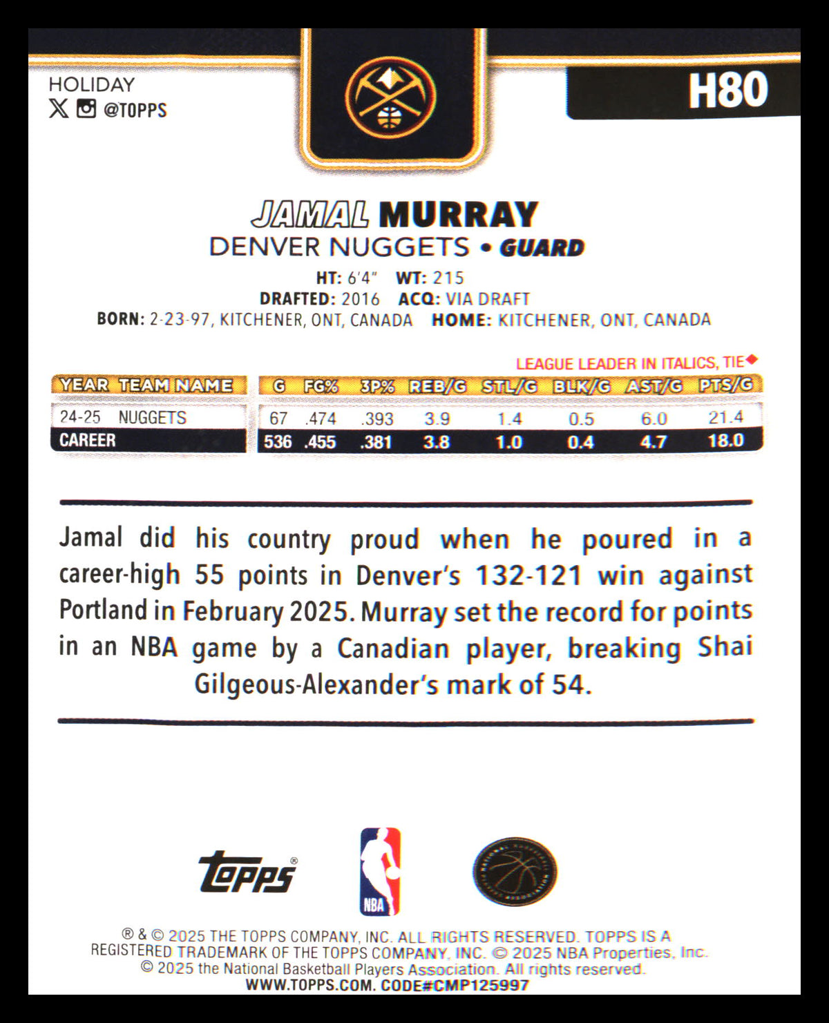 2025-26 Topps Crackleboard #103 Jamal Murray - Veteran Sports Cards FL