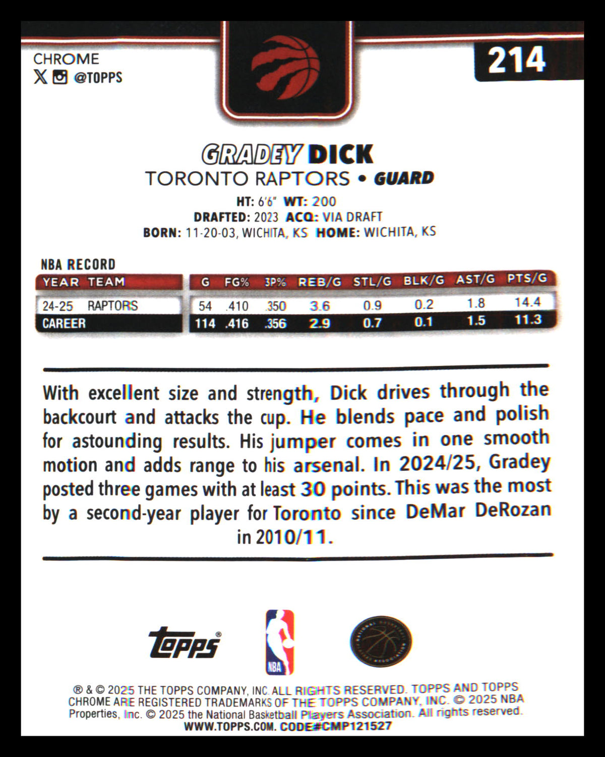 2025-26 Topps Chrome #214 Gradey Dick
