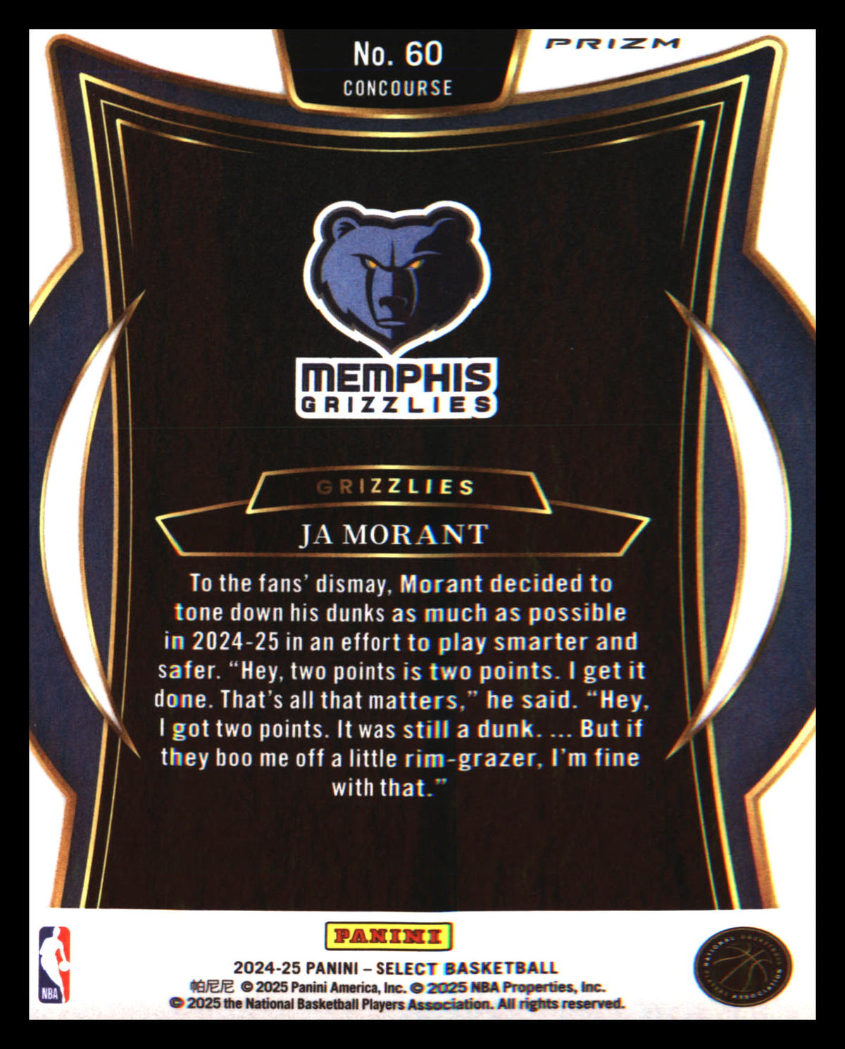 2024-25 Panini Select Blue Prizm #60 Ja Morant
