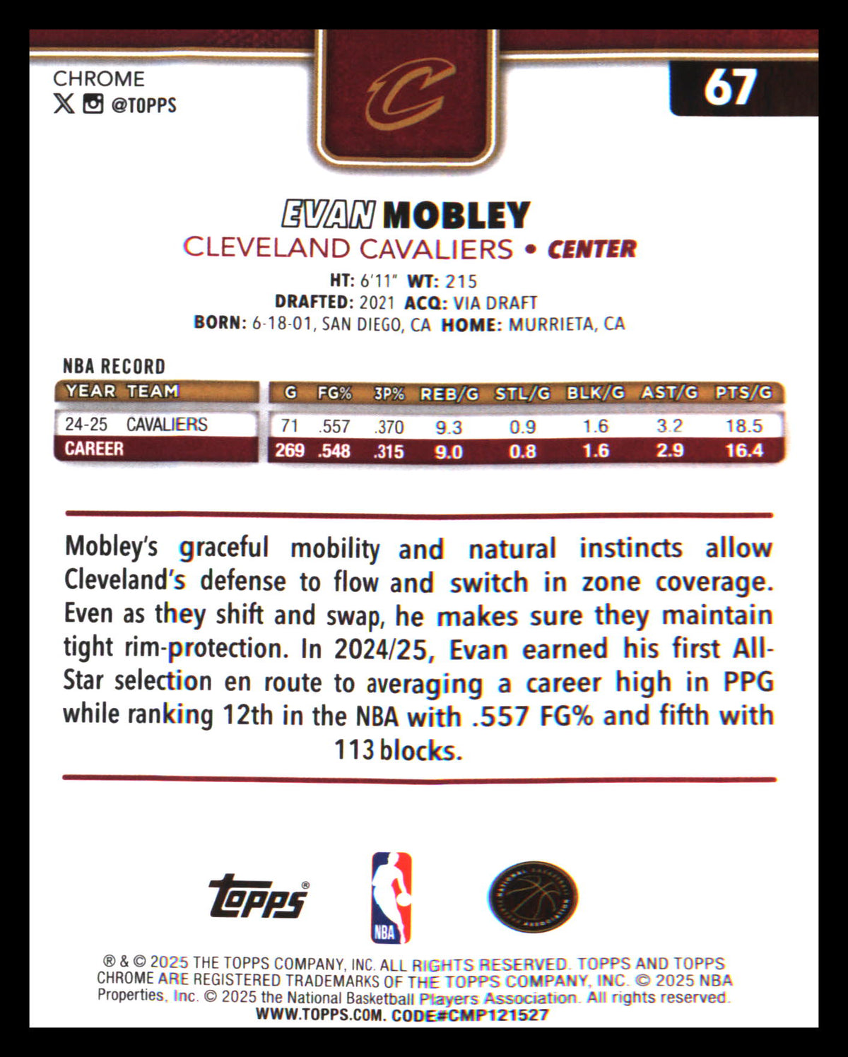 2025-26 Topps Chrome X-Fractor #67 Evan Mobley - Veteran Sports Cards FL