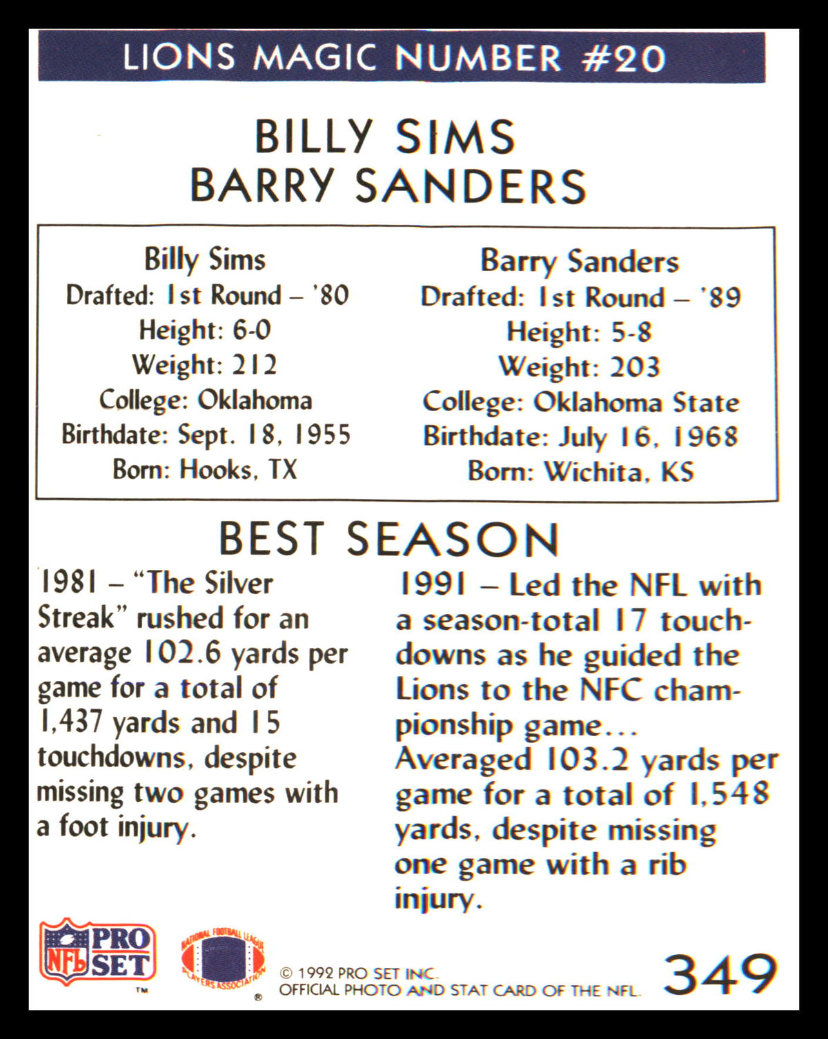 1992 Pro Set #349 Barry Sanders / Billy Sims