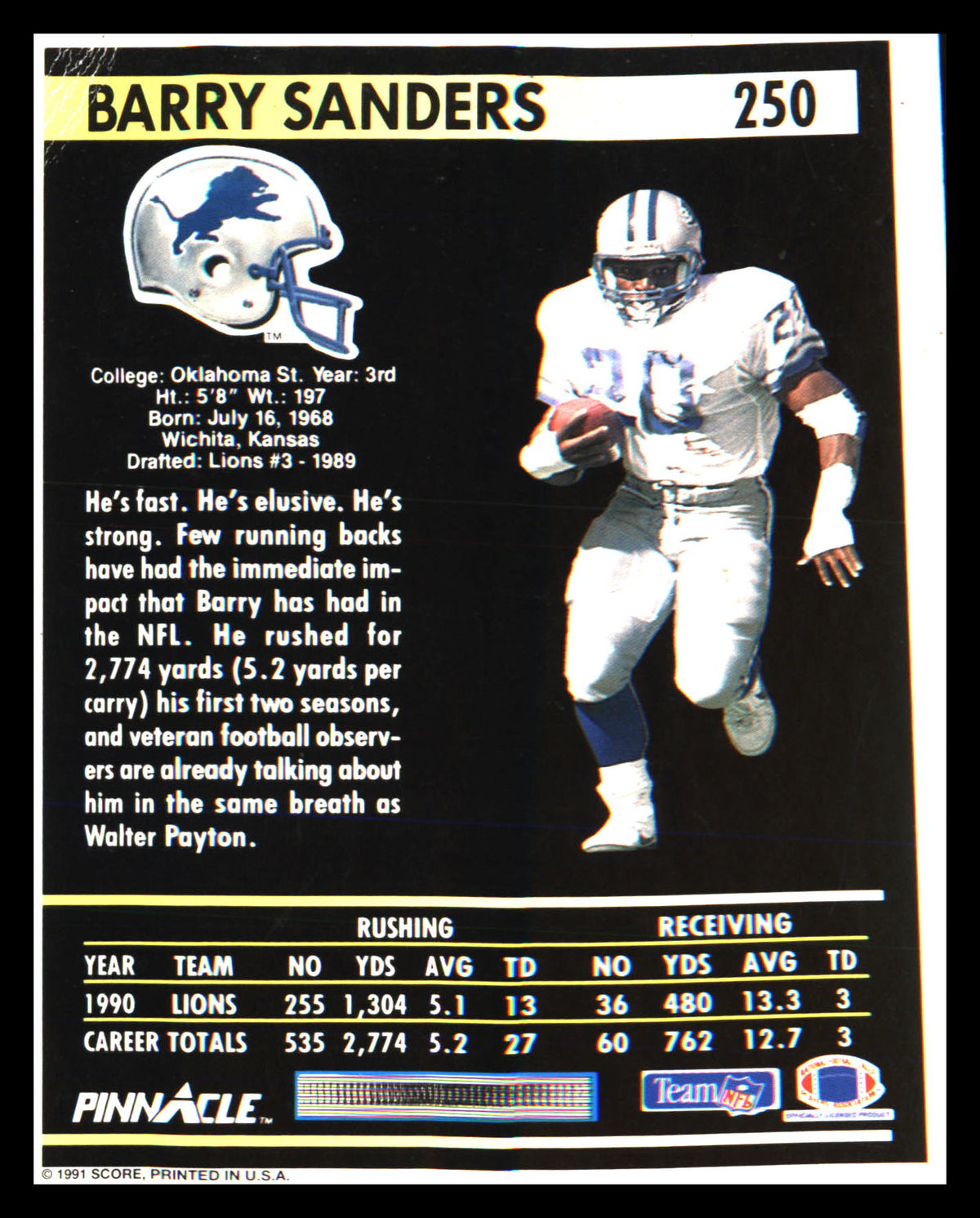 1991 Pinnacle #250 Barry Sanders - Veteran Sports Cards FL