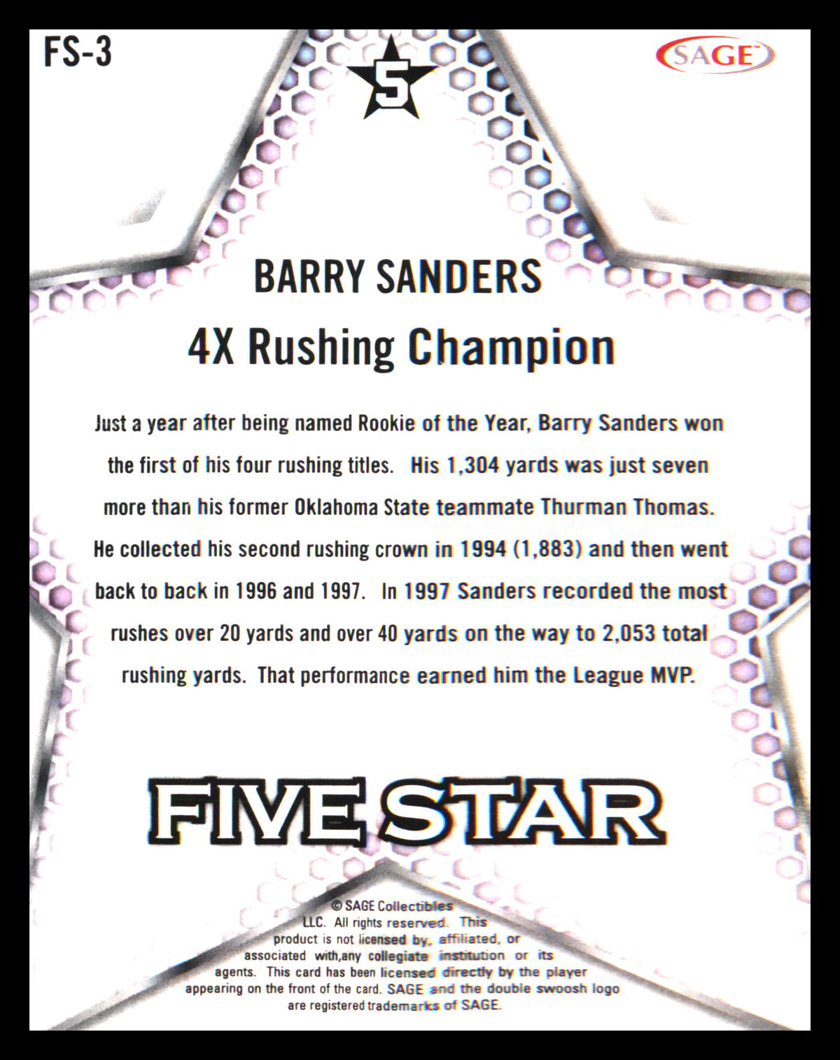 2024 SAGE HIT Five Star Gold #FS-3 Barry Sanders - Veteran Sports Cards FL