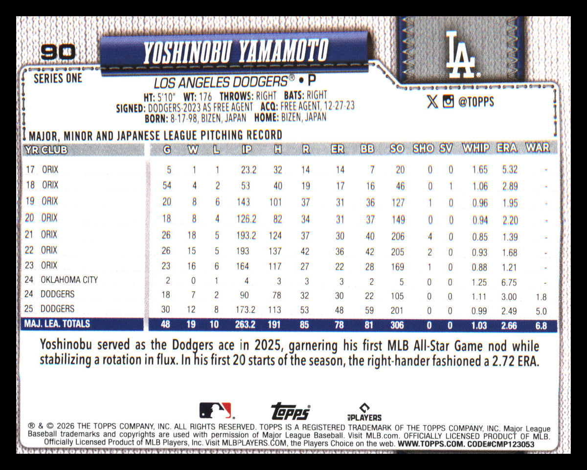 2026 Topps Spring Training #90 Yoshinobu Yamamoto