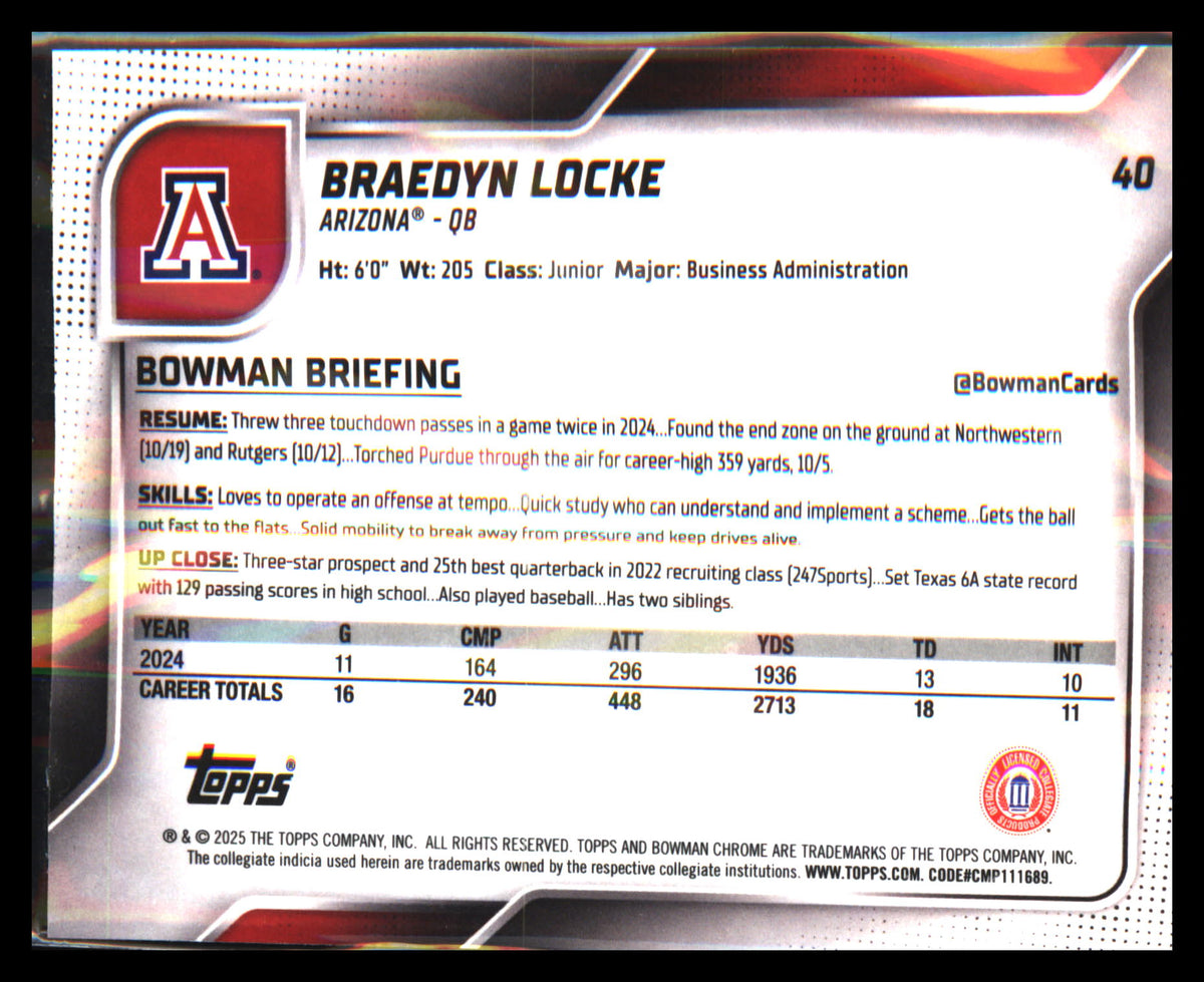 2025 Bowman University Chrome #40 Braedyn Locke - Veteran Sports Cards FL