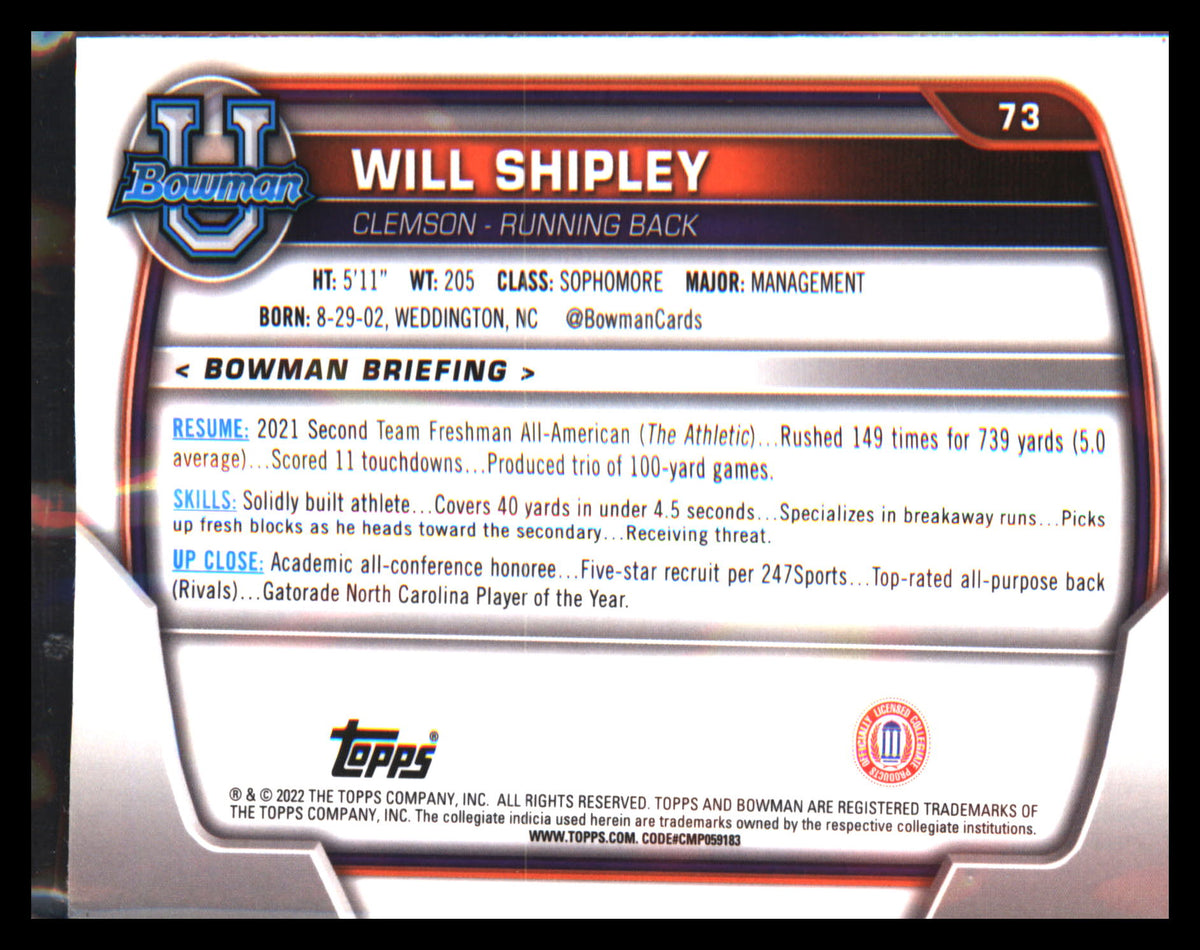 2022 Bowman University Chrome #73 Will Shipley - Veteran Sports Cards FL