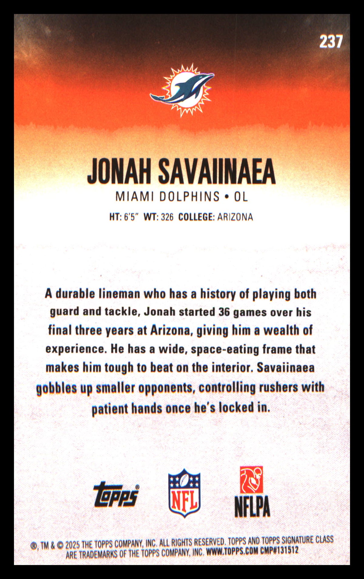 2025 Topps Signature Class Green & Purple #237 Jonah Savaiinaea Rookie Rookie