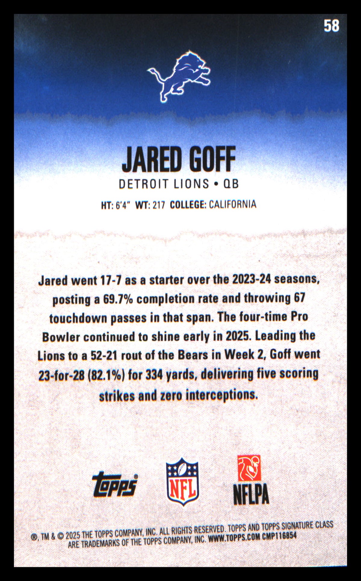 2025 Topps Signature Class Blue & Yellow #58 Jared Goff