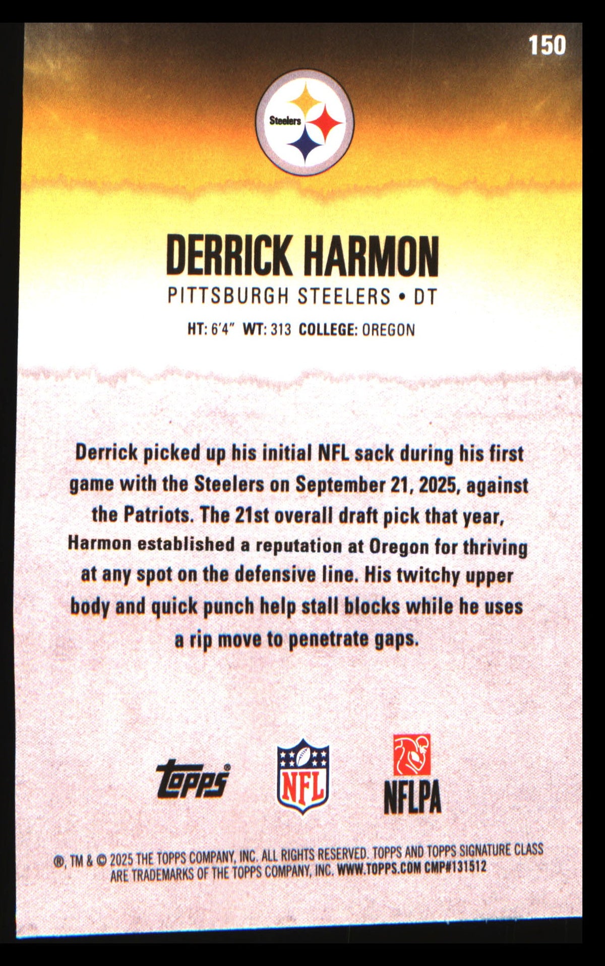 2025 Topps Signature Class Blue & Yellow #150 Derrick Harmon Rookie Rookie