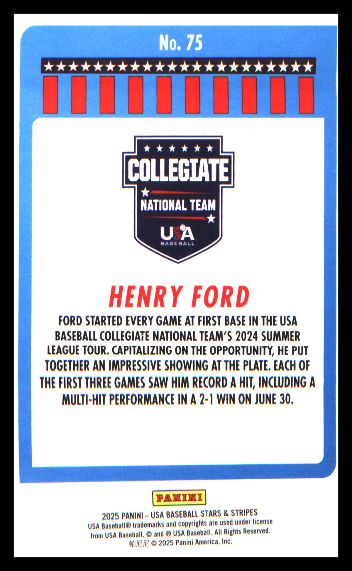 Baseball 2025 Panini Stars & Stripes USA Baseball Stars #75 Henry Ford