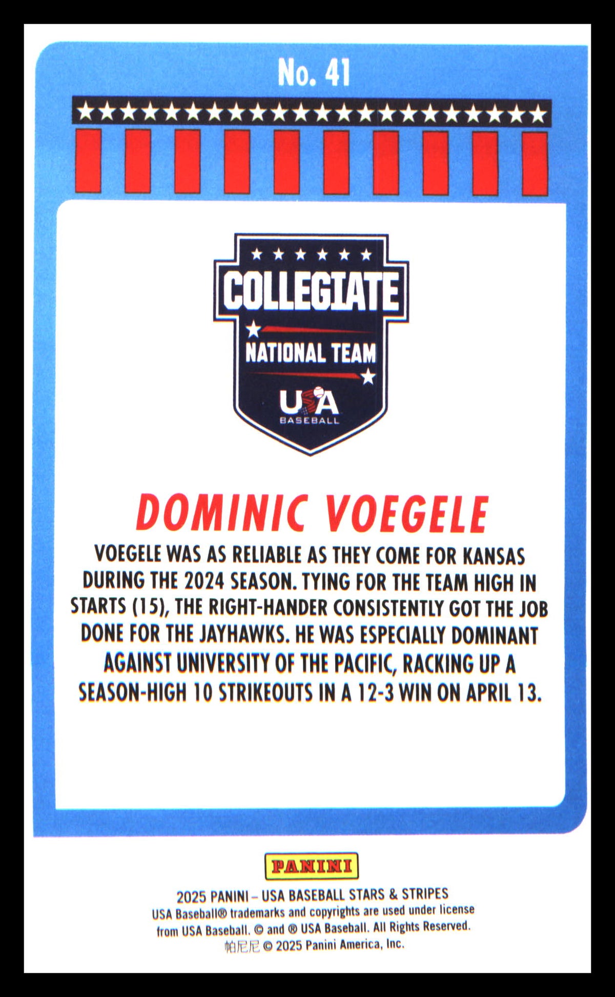 Baseball 2025 Panini Stars & Stripes USA Baseball Stripes #41 Dominic Voegele