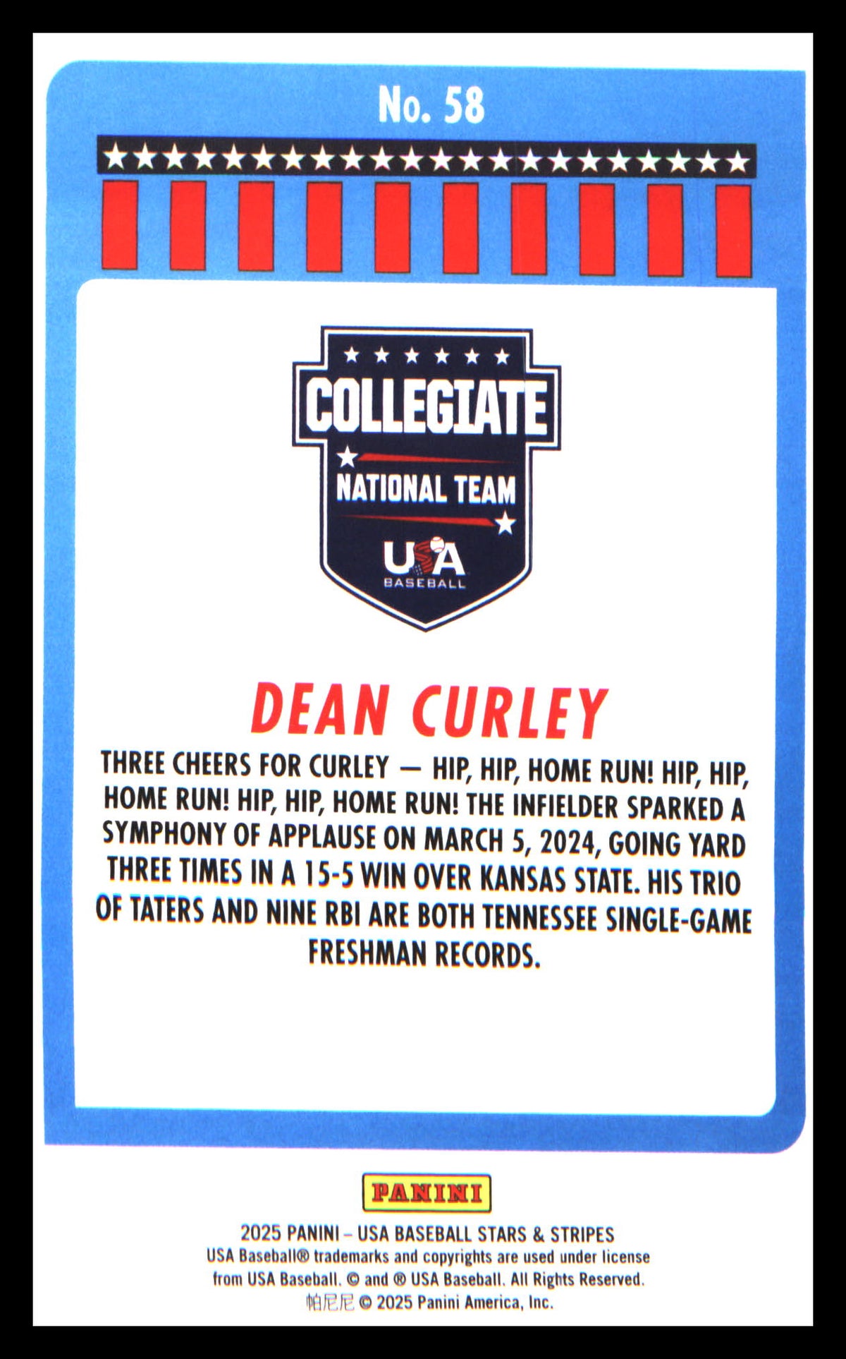 Baseball 2025 Panini Stars & Stripes USA Baseball Stripes #58 Dean Curley