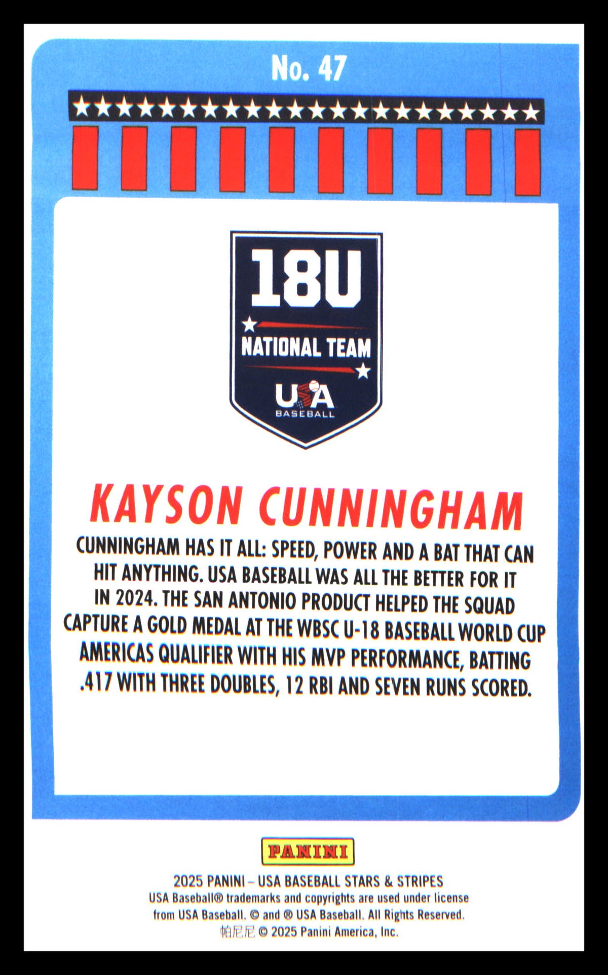 Baseball 2025 Panini Stars & Stripes USA Baseball Stripes #47 Kayson Cunningham