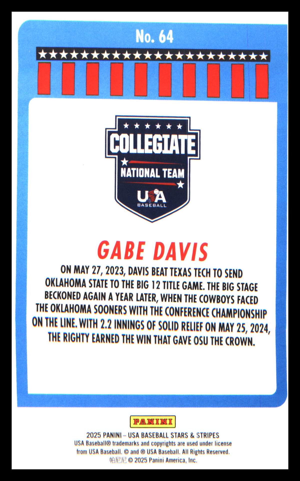 Baseball 2025 Panini Stars & Stripes USA Baseball Opening Day #64 Gabe Davis