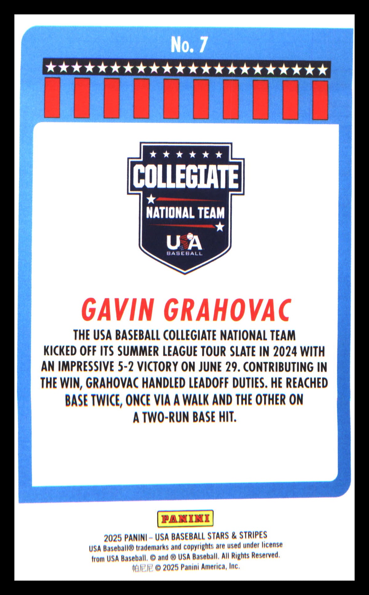 Baseball 2025 Panini Stars & Stripes USA Baseball #7 Gavin Grahovac