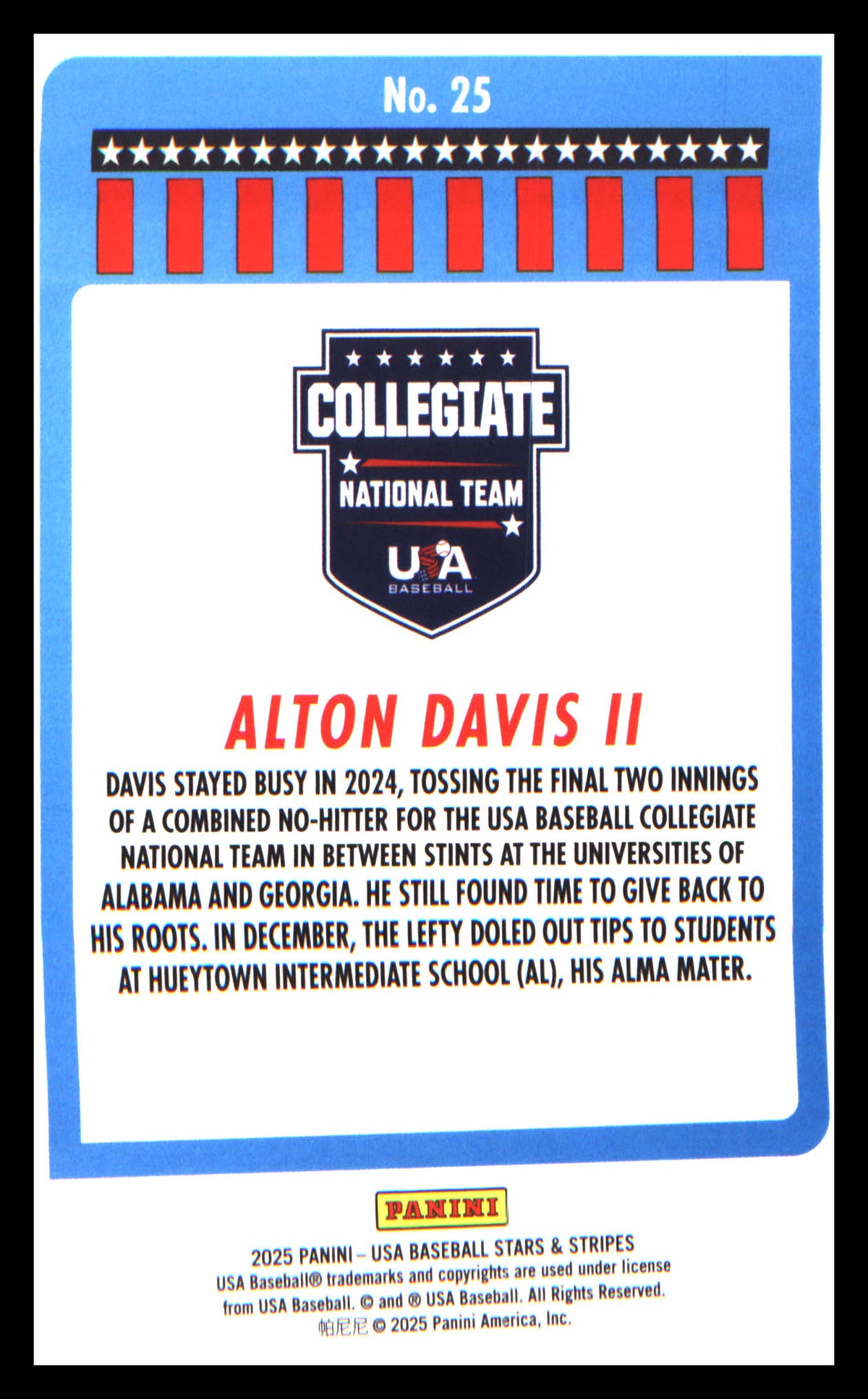 Baseball 2025 Panini Stars & Stripes USA Baseball #25 Alton Davis II