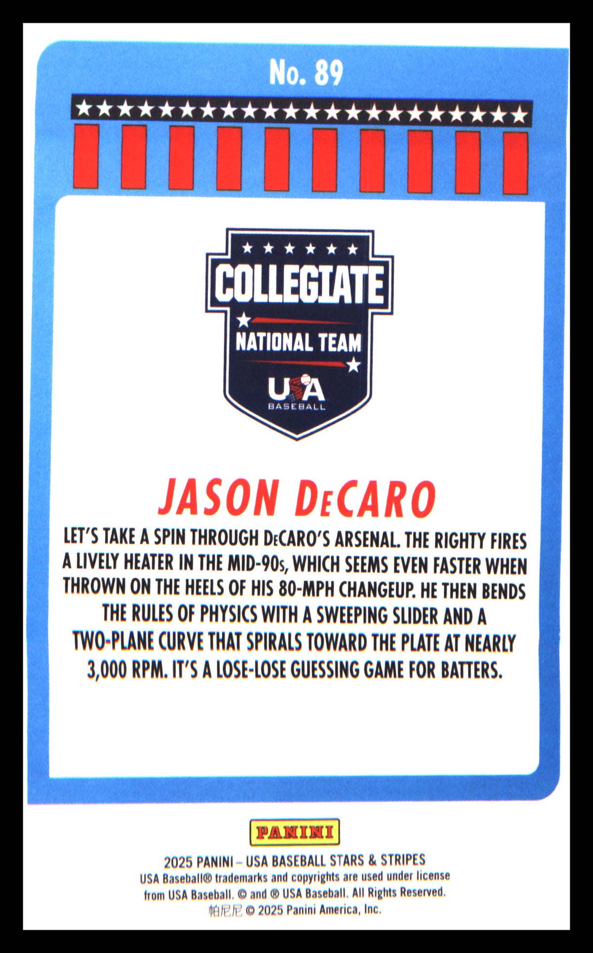 Baseball 2025 Panini Stars & Stripes USA Baseball #89 Jason DeCaro