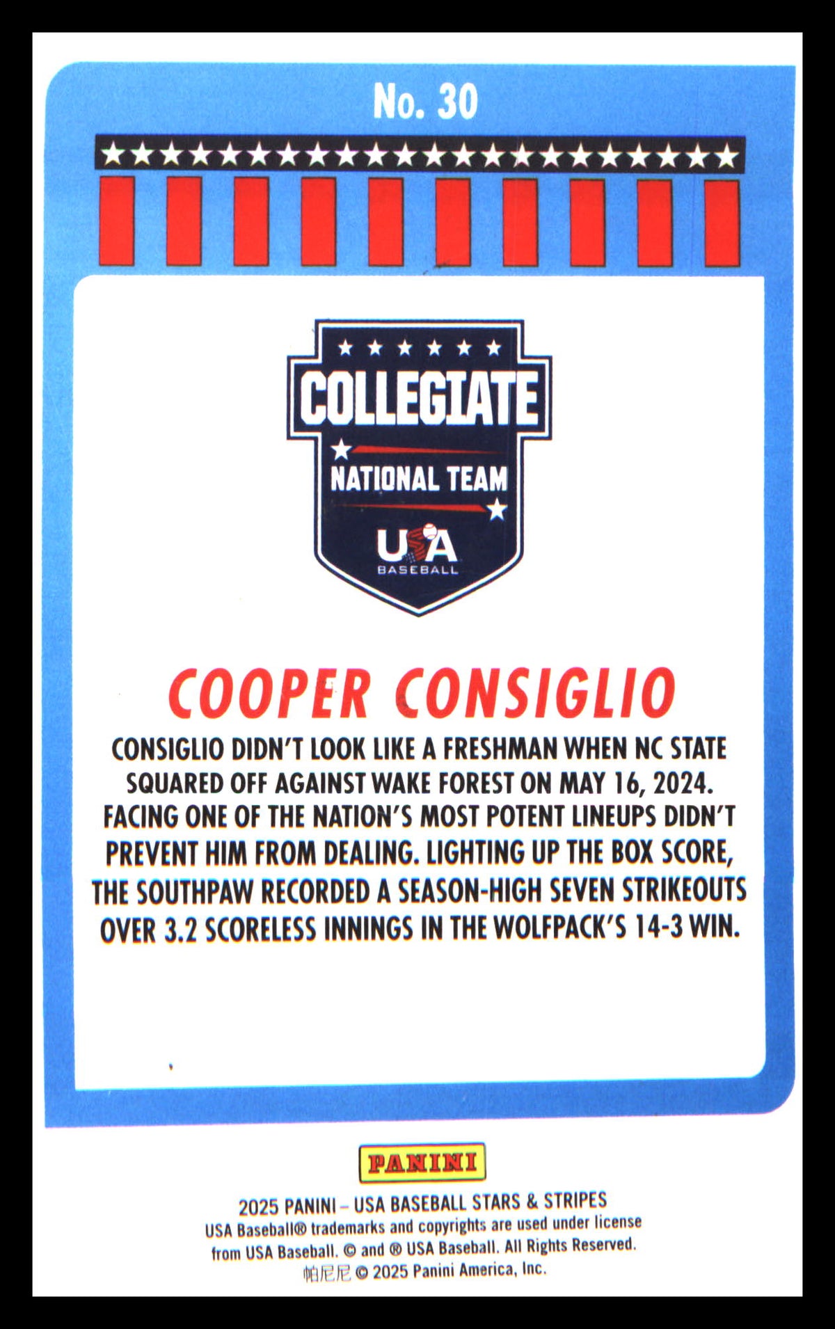 Baseball 2025 Panini Stars & Stripes USA Baseball #30 Cooper Consiglio